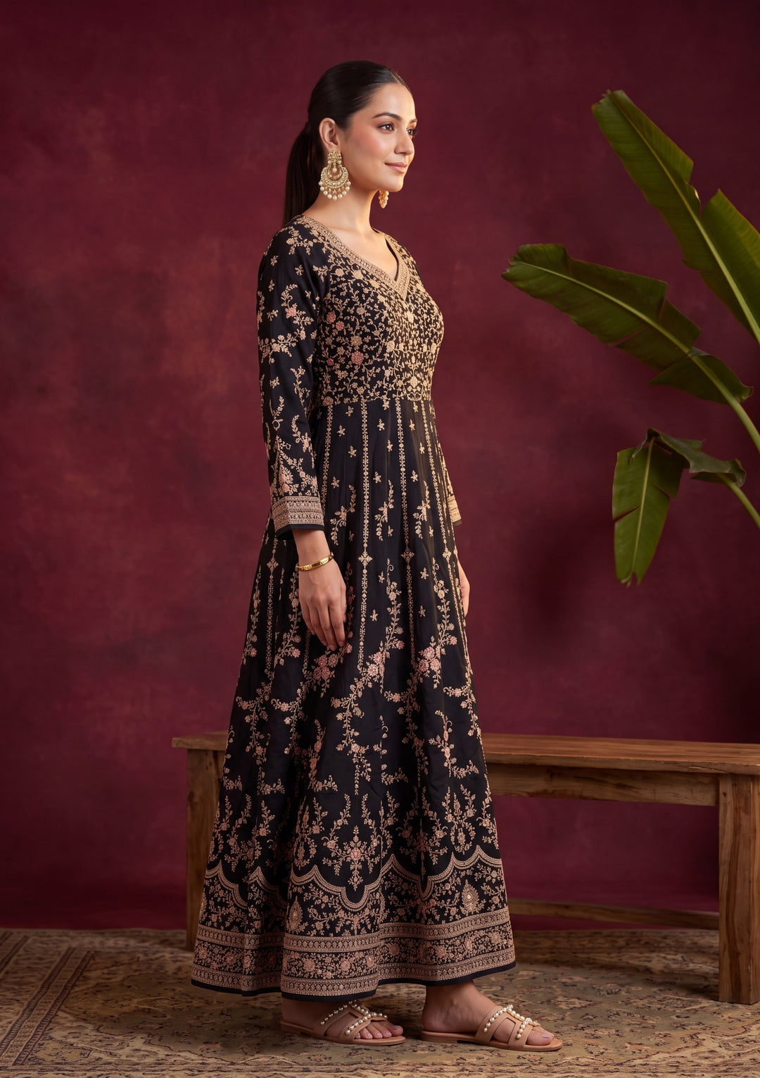 Black Soft Raw Silk Gold Zariwork Anarkali Kurta With Bottom And Dupatta