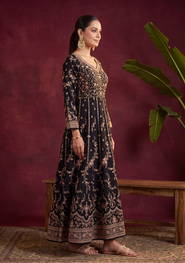 Black Soft Raw Silk Gold Zariwork Anarkali Kurta With Bottom And Dupatta