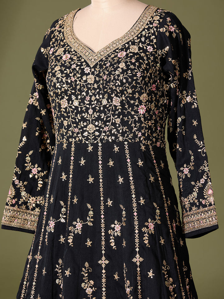 Black Soft Raw Silk Gold Zariwork Anarkali Kurta With Bottom And Dupatta