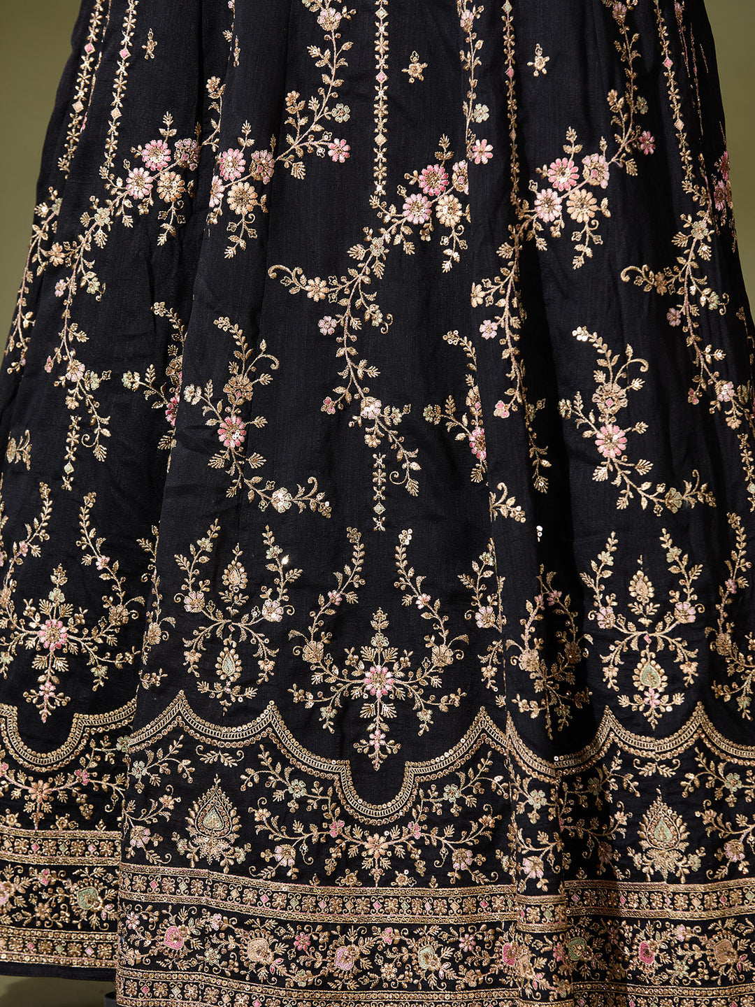 Black Soft Raw Silk Gold Zariwork Anarkali Kurta With Bottom And Dupatta