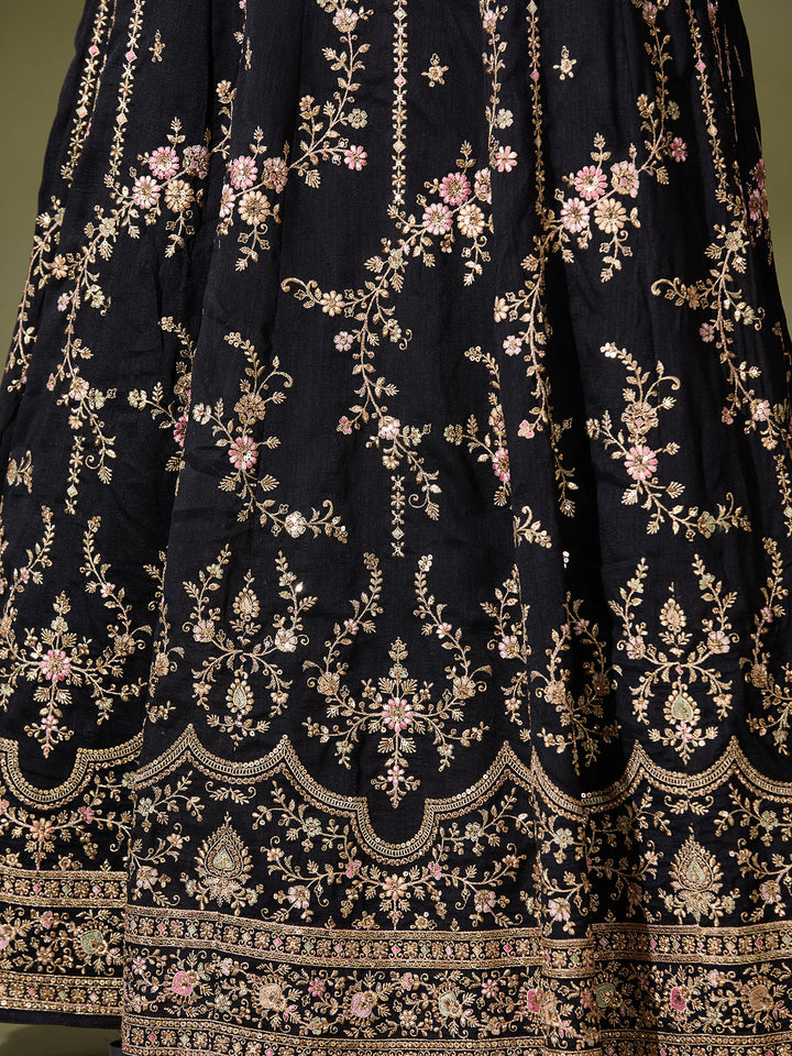 Black Soft Raw Silk Gold Zariwork Anarkali Kurta With Bottom And Dupatta