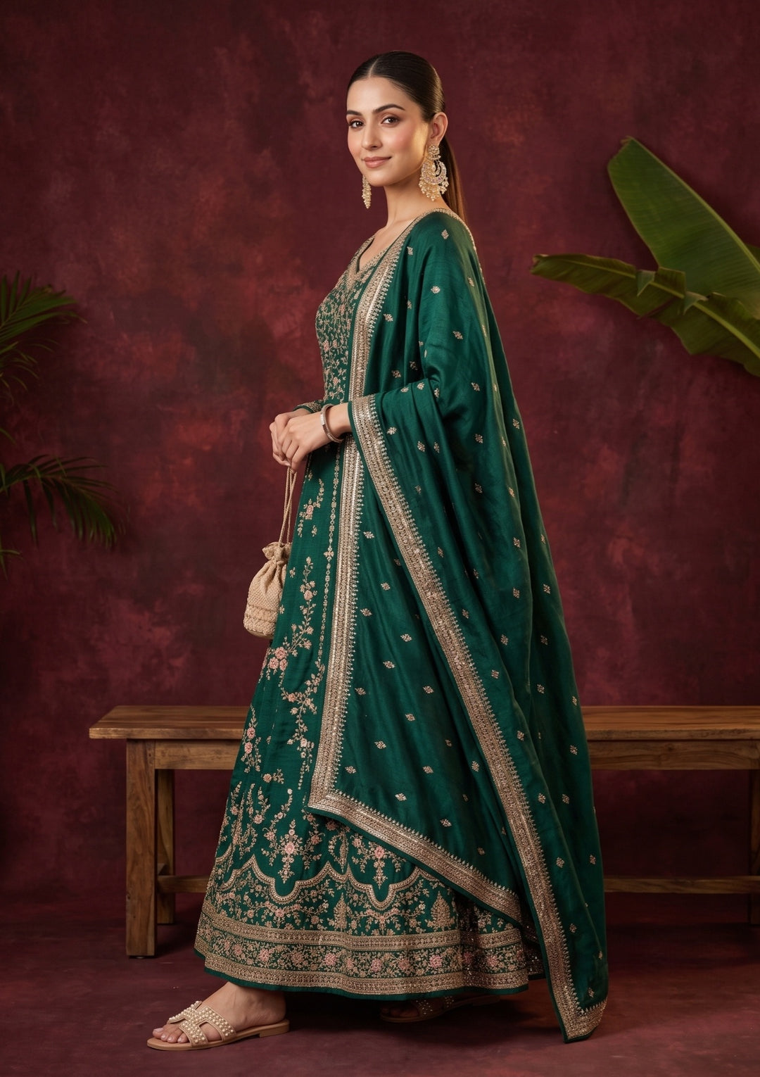 Bottle Green Soft Raw Silk Gold Zariwork Anarkali Kurta With Bottom And Dupatta