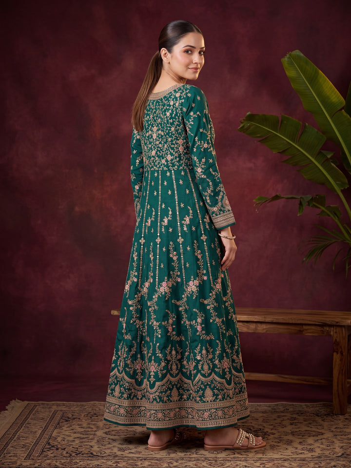 Bottle Green Soft Raw Silk Gold Zariwork Anarkali Kurta With Bottom And Dupatta