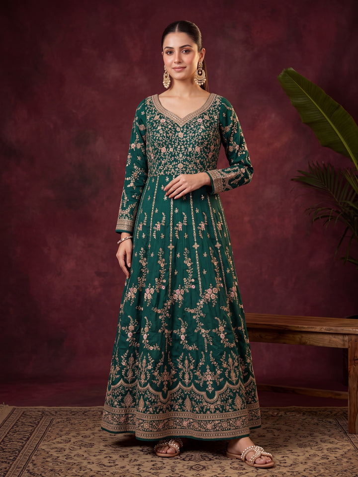 Bottle Green Soft Raw Silk Gold Zariwork Anarkali Kurta With Bottom And Dupatta