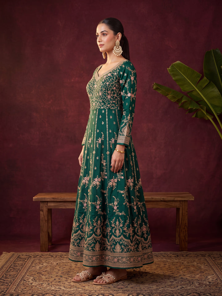 Bottle Green Soft Raw Silk Gold Zariwork Anarkali Kurta With Bottom And Dupatta