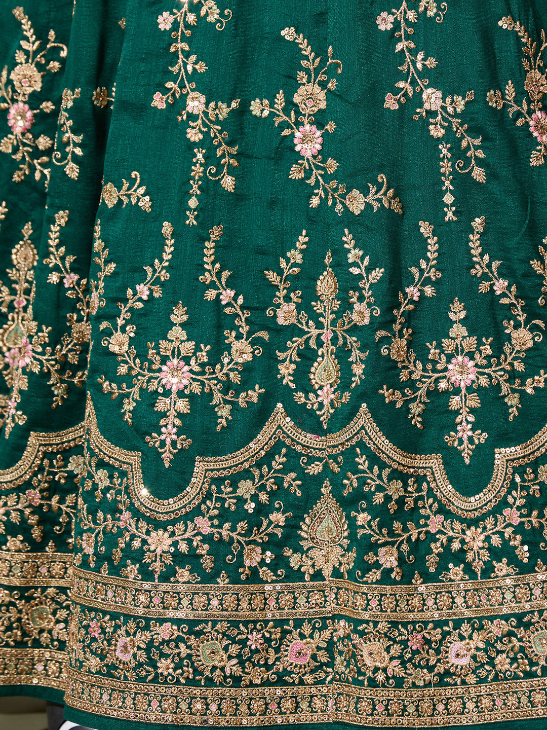 Bottle Green Soft Raw Silk Gold Zariwork Anarkali Kurta With Bottom And Dupatta
