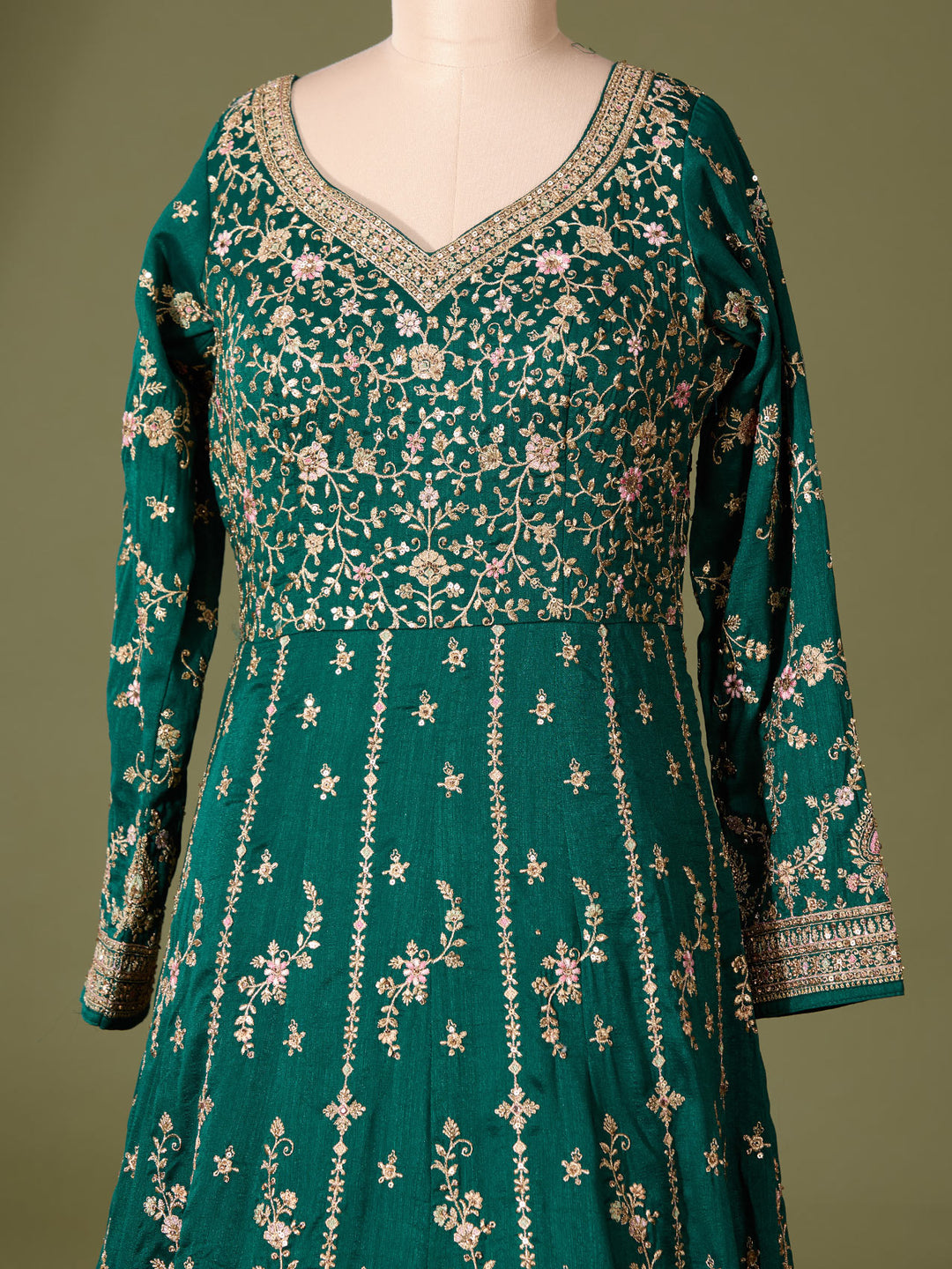 Bottle Green Soft Raw Silk Gold Zariwork Anarkali Kurta With Bottom And Dupatta