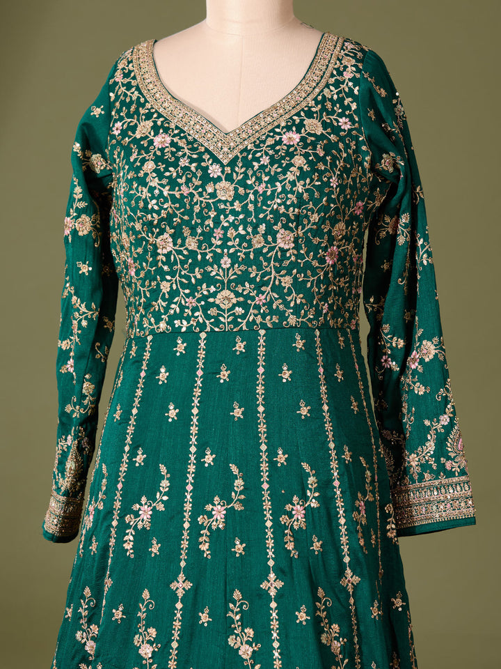 Bottle Green Soft Raw Silk Gold Zariwork Anarkali Kurta With Bottom And Dupatta