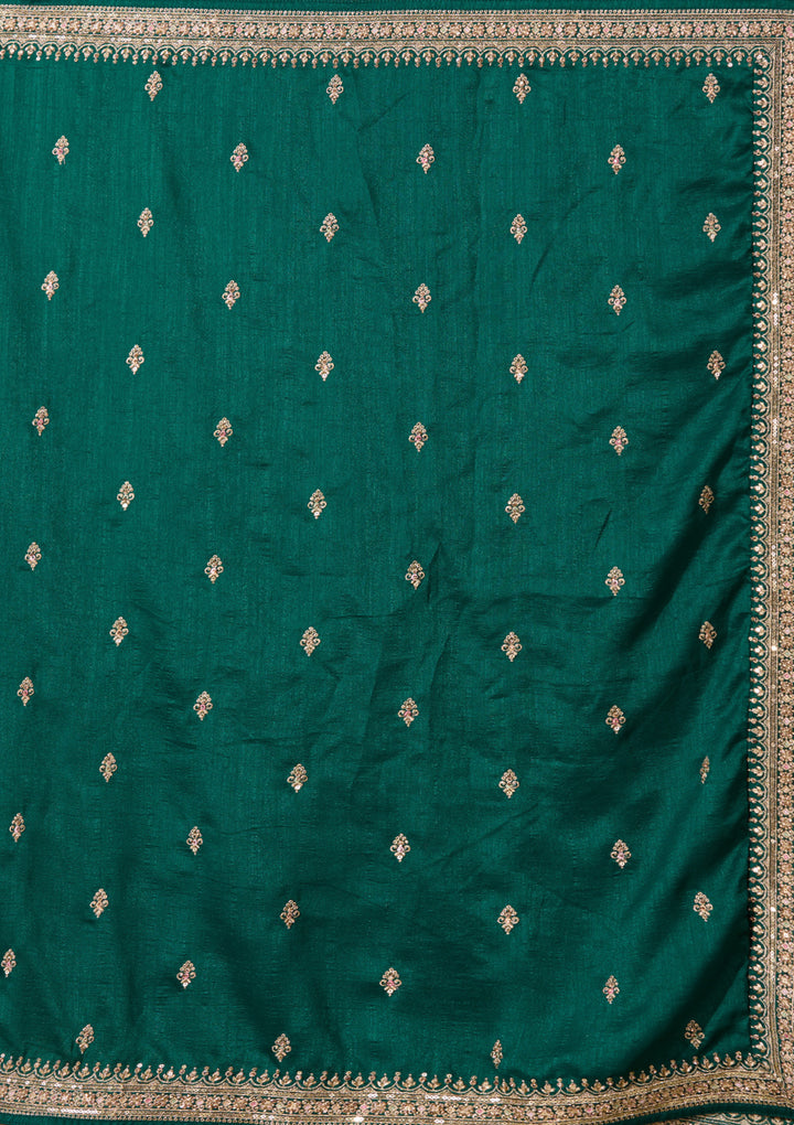 Bottle Green Soft Raw Silk Gold Zariwork Anarkali Kurta With Bottom And Dupatta