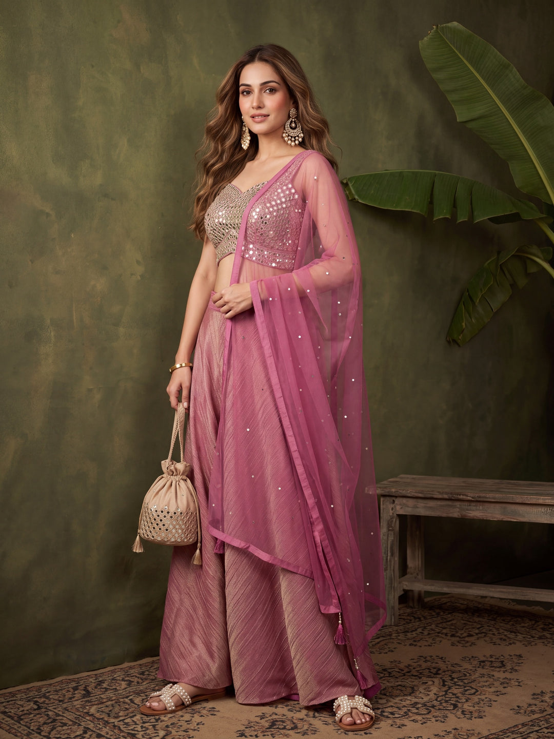 Onion Pink Tissue Mirrorwork Crop Top Kurta With Palazzo And Dupatta