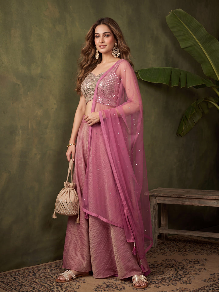 Onion Pink Tissue Mirrorwork Crop Top Kurta With Palazzo And Dupatta