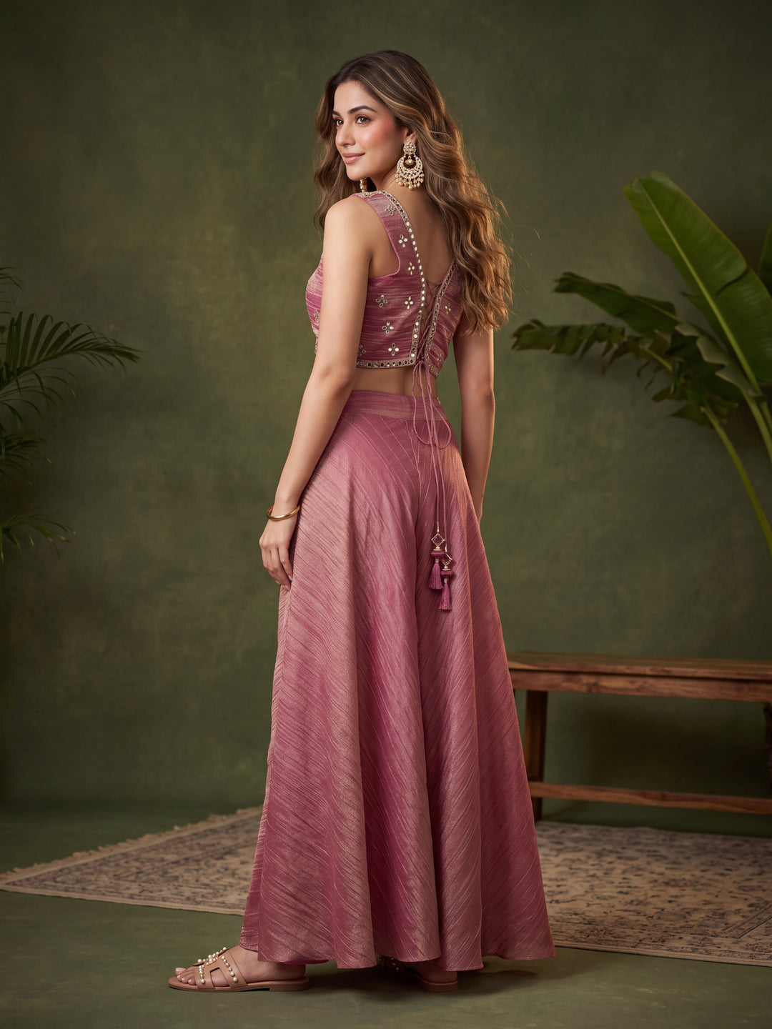 Onion Pink Tissue Mirrorwork Crop Top Kurta With Palazzo And Dupatta