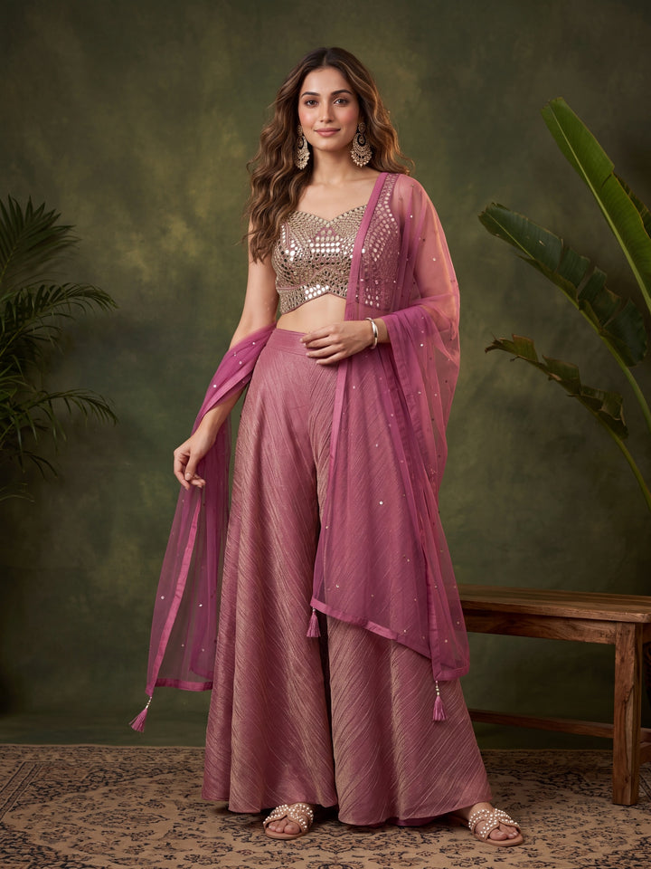 Onion Pink Tissue Mirrorwork Crop Top Kurta With Palazzo And Dupatta