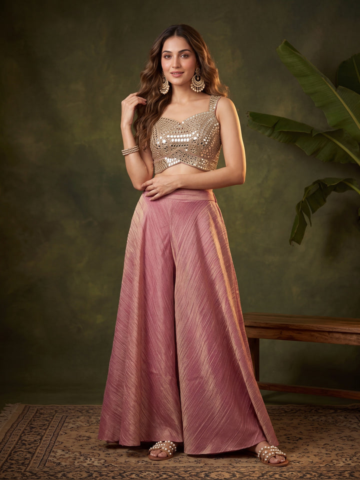 Onion Pink Tissue Mirrorwork Crop Top Kurta With Palazzo And Dupatta