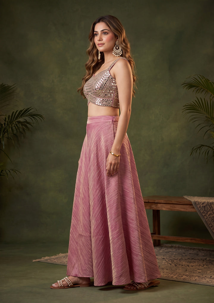 Onion Pink Tissue Mirrorwork Crop Top Kurta With Palazzo And Dupatta