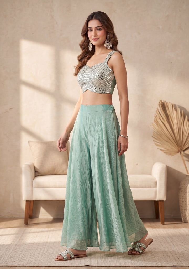 Sea Green Mirrorwork Tissue Readymade Salwar Suit