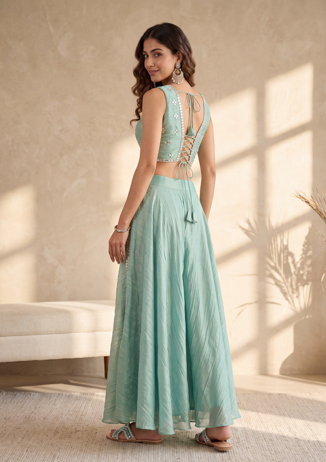 Sea Green Mirrorwork Tissue Readymade Salwar Suit