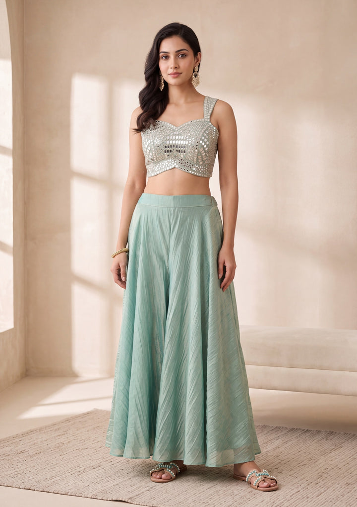 Sea Green Mirrorwork Tissue Readymade Salwar Suit