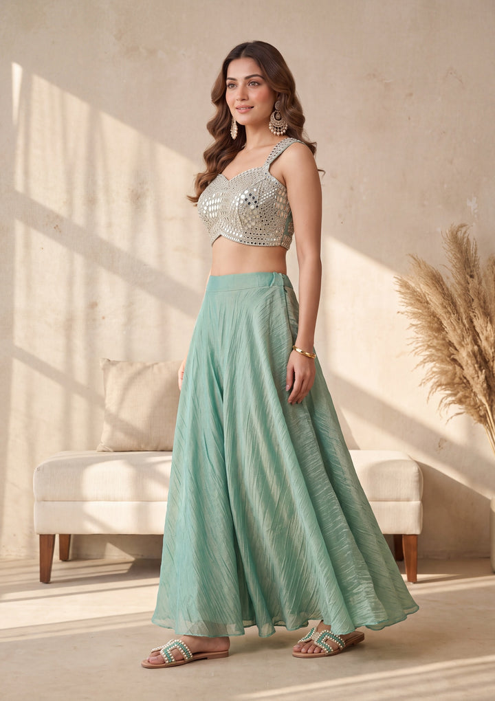 Sea Green Mirrorwork Tissue Readymade Salwar Suit