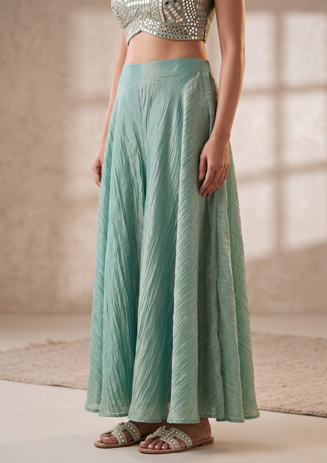 Sea Green Mirrorwork Tissue Readymade Salwar Suit
