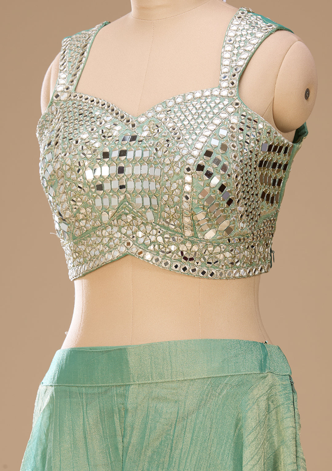 Sea Green Mirrorwork Tissue Readymade Salwar Suit