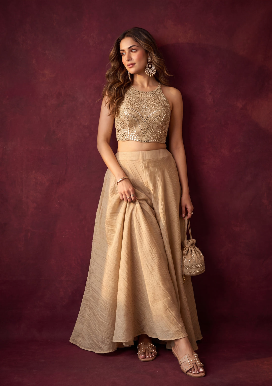 Beige Tissue Mirrorwork Crop Top Kurta With Palazzo And Dupatta