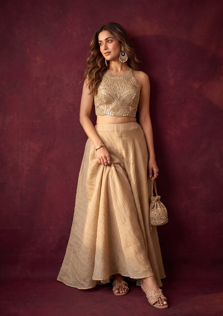 Beige Tissue Mirrorwork Crop Top Kurta With Palazzo And Dupatta