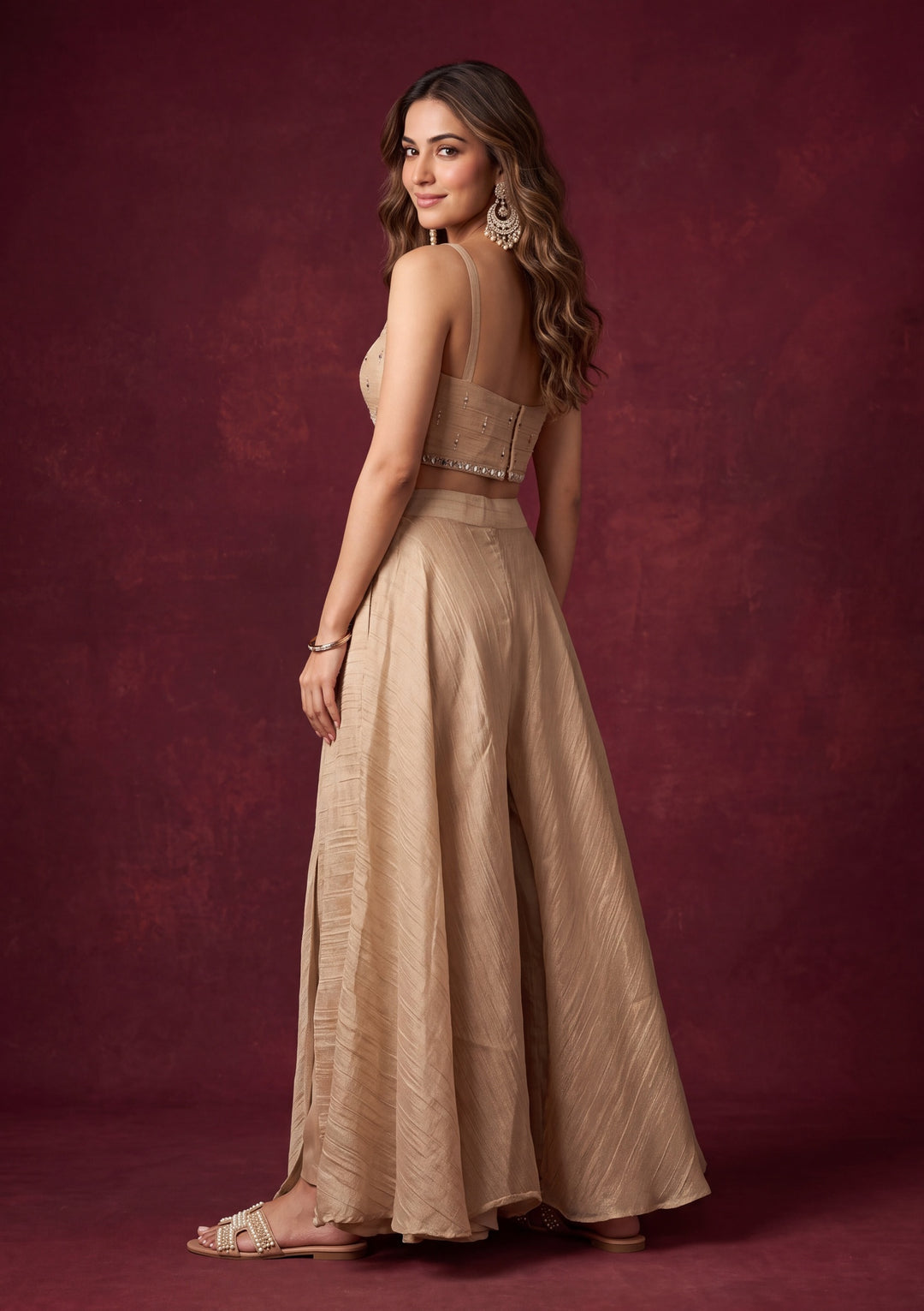 Beige Tissue Mirrorwork Crop Top Kurta With Palazzo And Dupatta