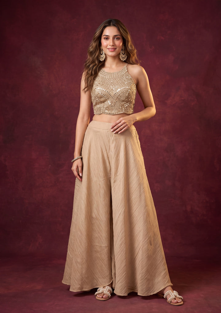 Beige Tissue Mirrorwork Crop Top Kurta With Palazzo And Dupatta