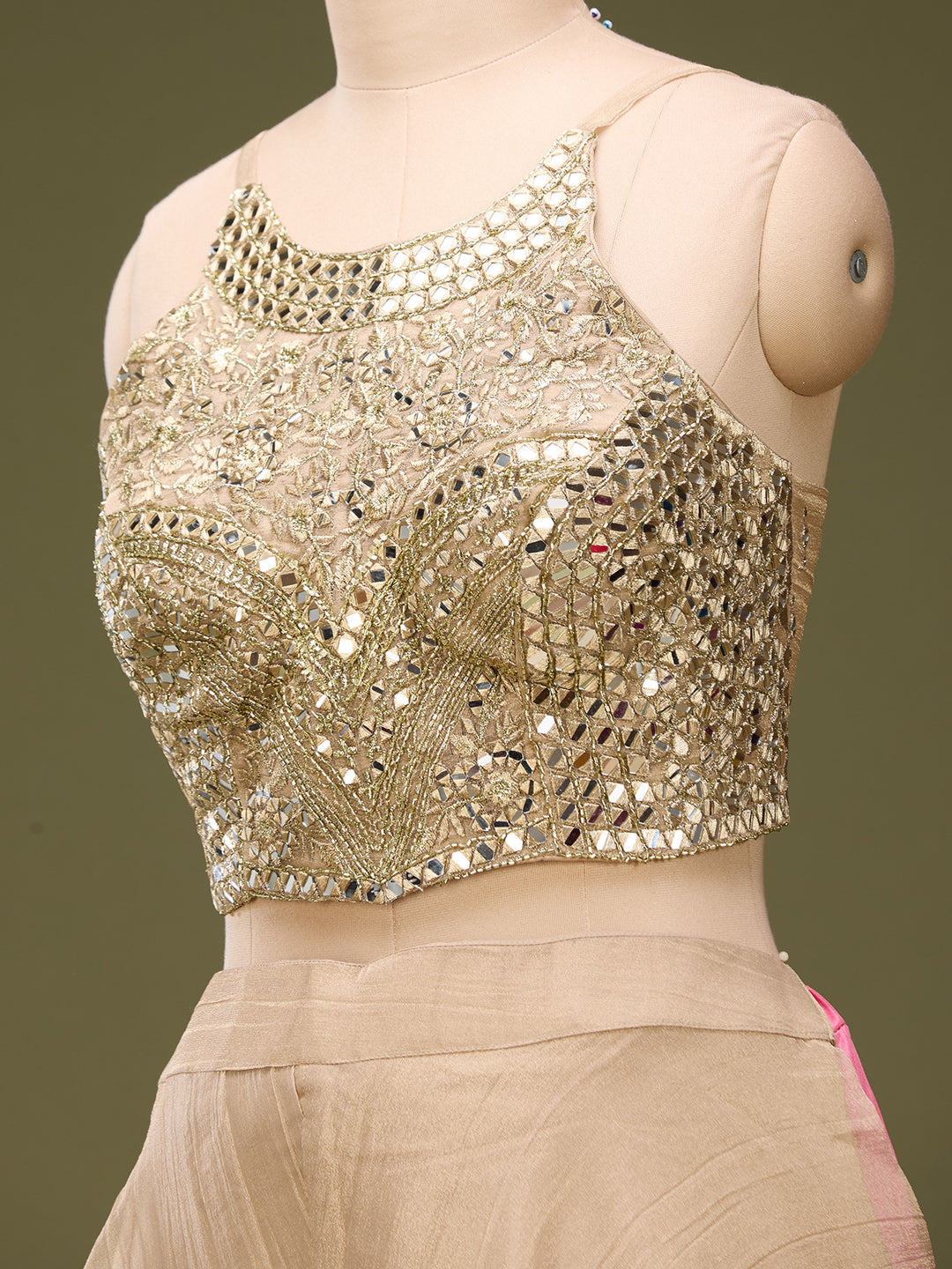 Beige Tissue Mirrorwork Crop Top Kurta With Palazzo And Dupatta