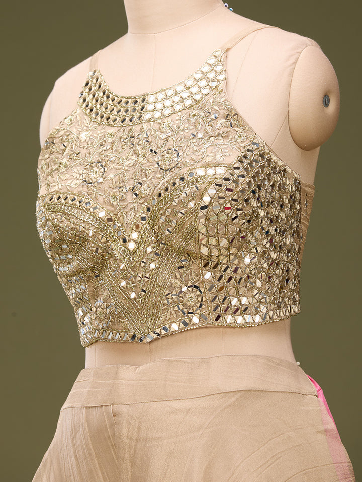 Beige Tissue Mirrorwork Crop Top Kurta With Palazzo And Dupatta
