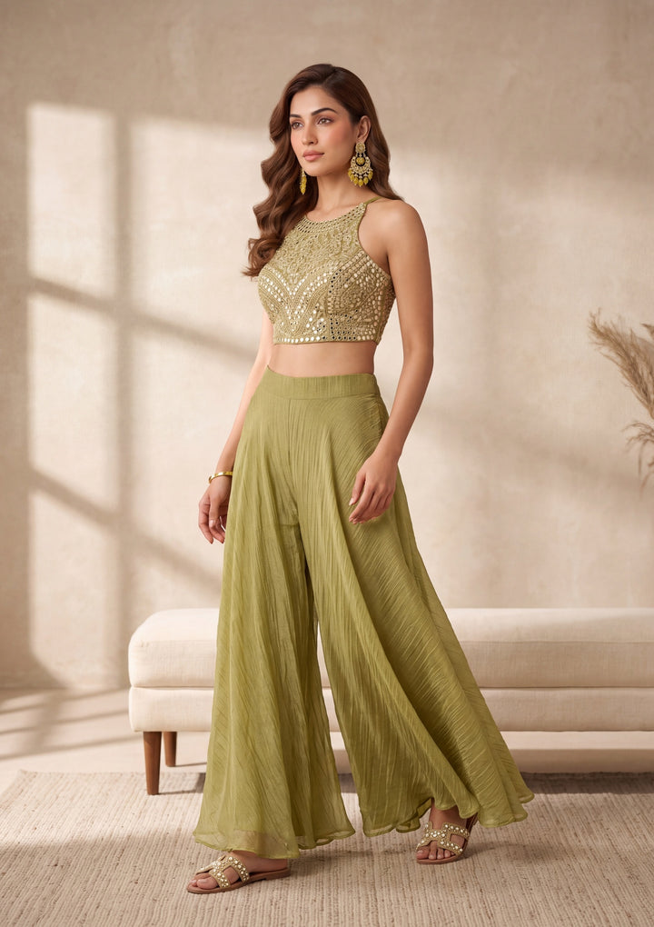 Mehendi Green Mirrorwork Tissue Readymade Salwar Suit