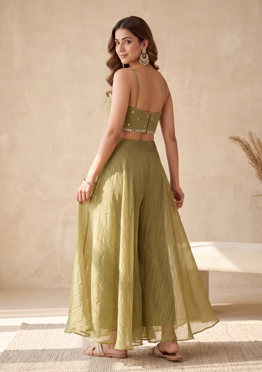 Mehendi Green Mirrorwork Tissue Readymade Salwar Suit