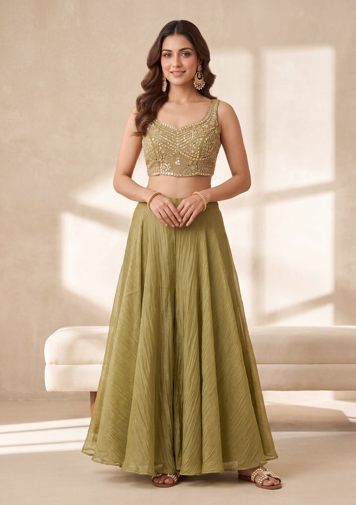 Mehendi Green Mirrorwork Tissue Readymade Salwar Suit