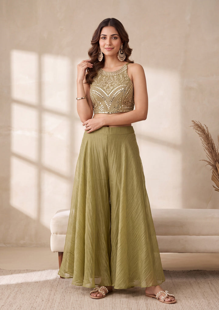 Mehendi Green Mirrorwork Tissue Readymade Salwar Suit