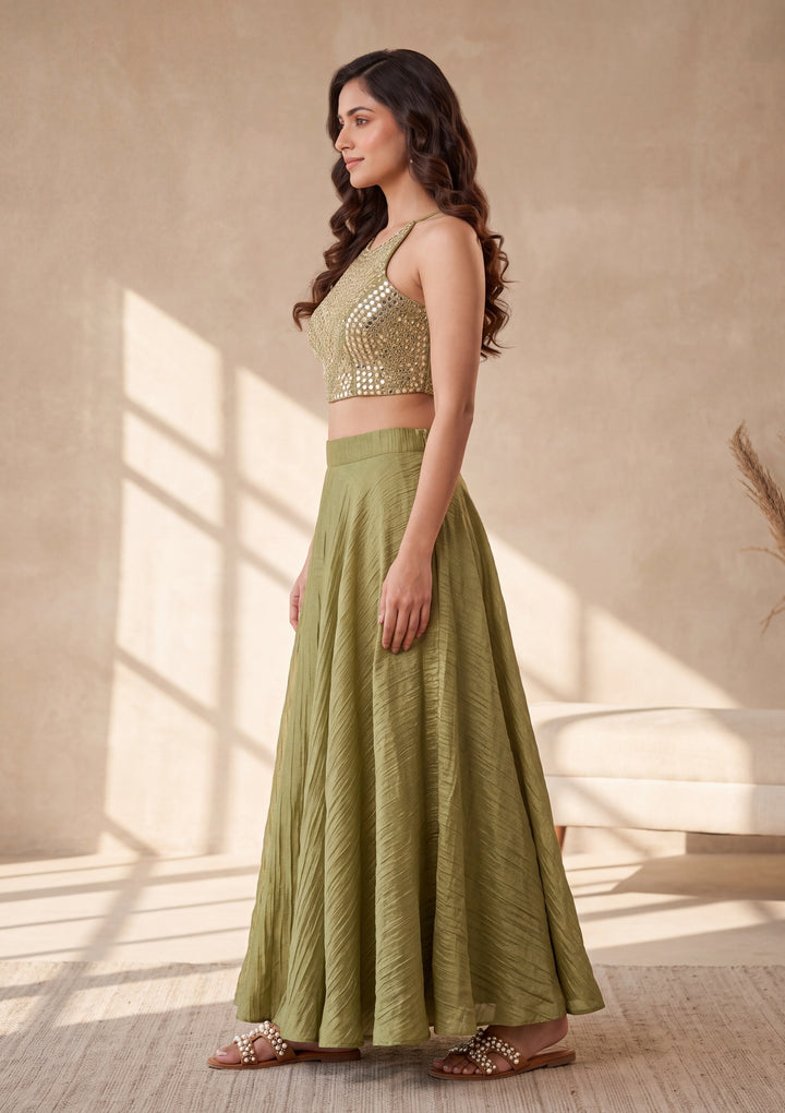 Mehendi Green Mirrorwork Tissue Readymade Salwar Suit