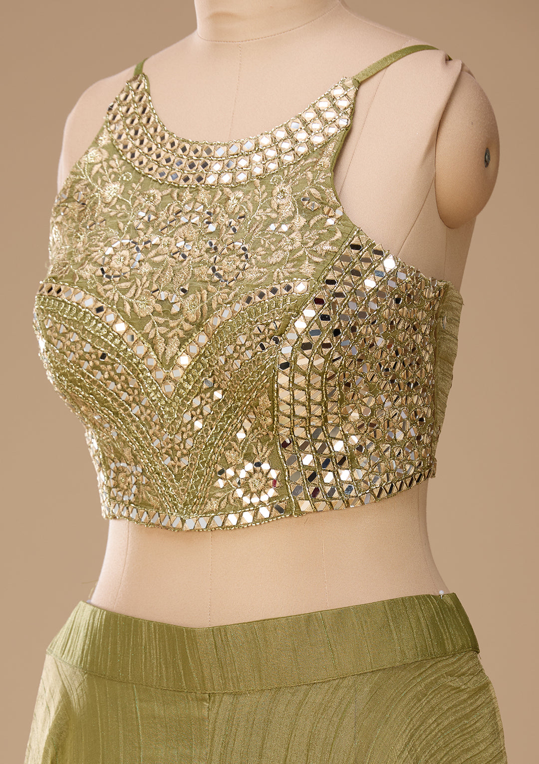 Mehendi Green Mirrorwork Tissue Readymade Salwar Suit