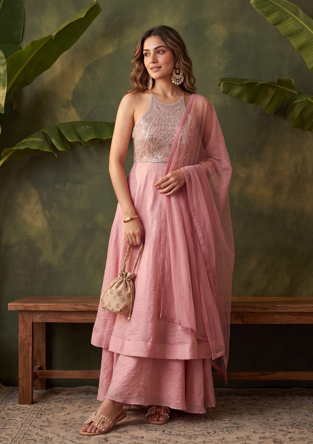 Baby Pink Mirrorwork Tissue Readymade Salwar Suit