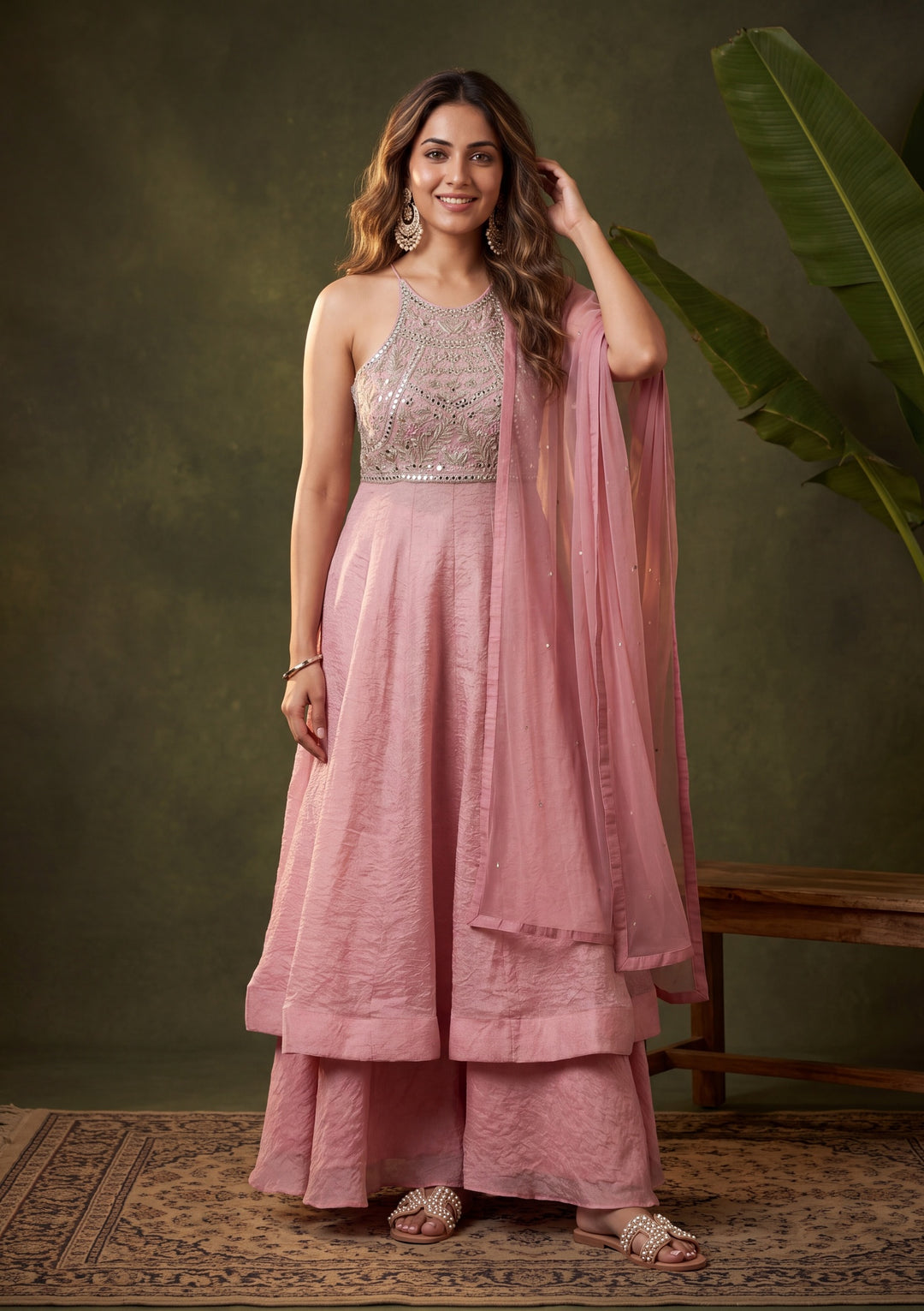 Baby Pink Mirrorwork Tissue Readymade Salwar Suit