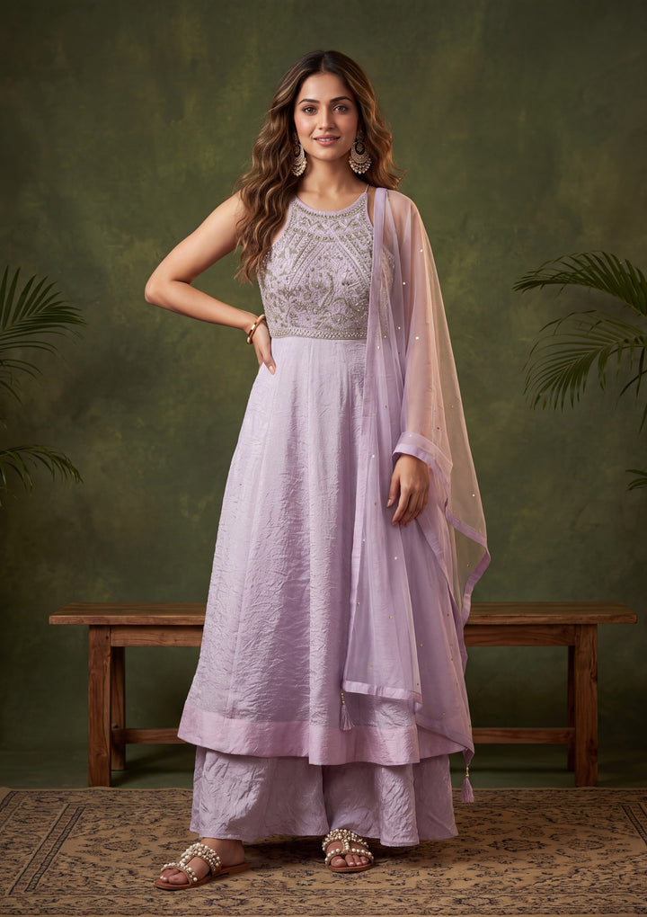Light Lavender Mirrorwork Tissue Readymade Salwar Suit