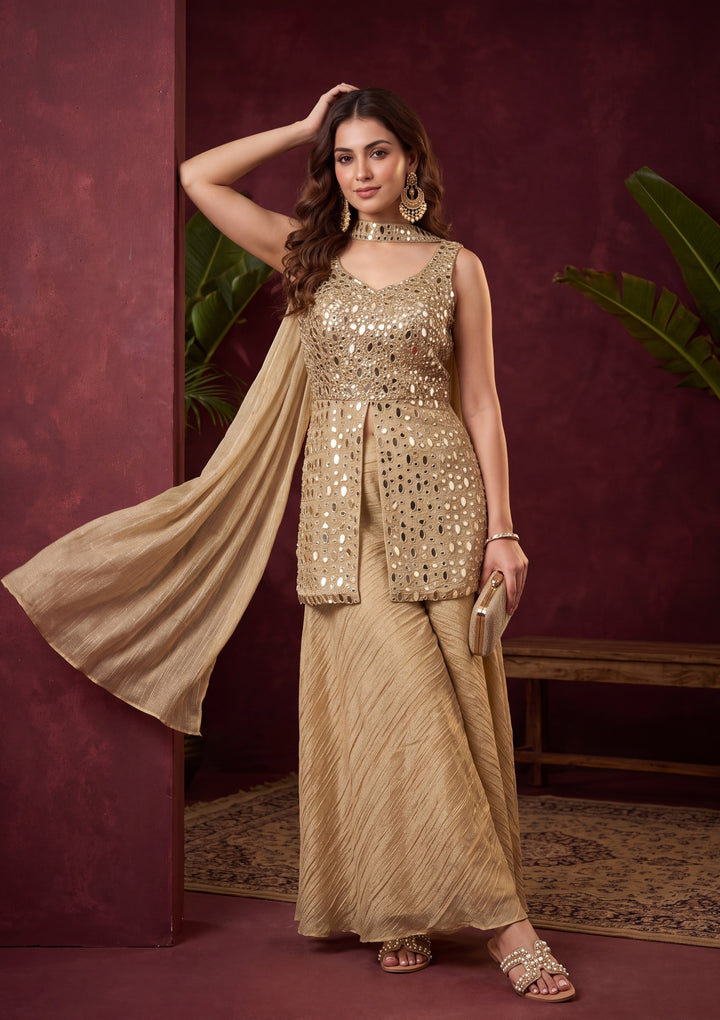 Beige Tissue Mirrorwork Peplum Kurta With Palazzo And Dupatta