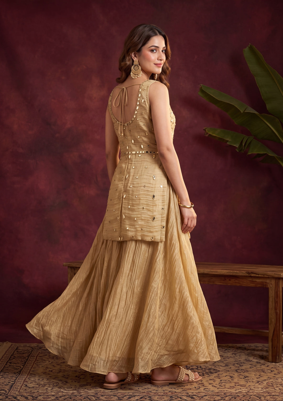 Beige Tissue Mirrorwork Peplum Kurta With Palazzo And Dupatta