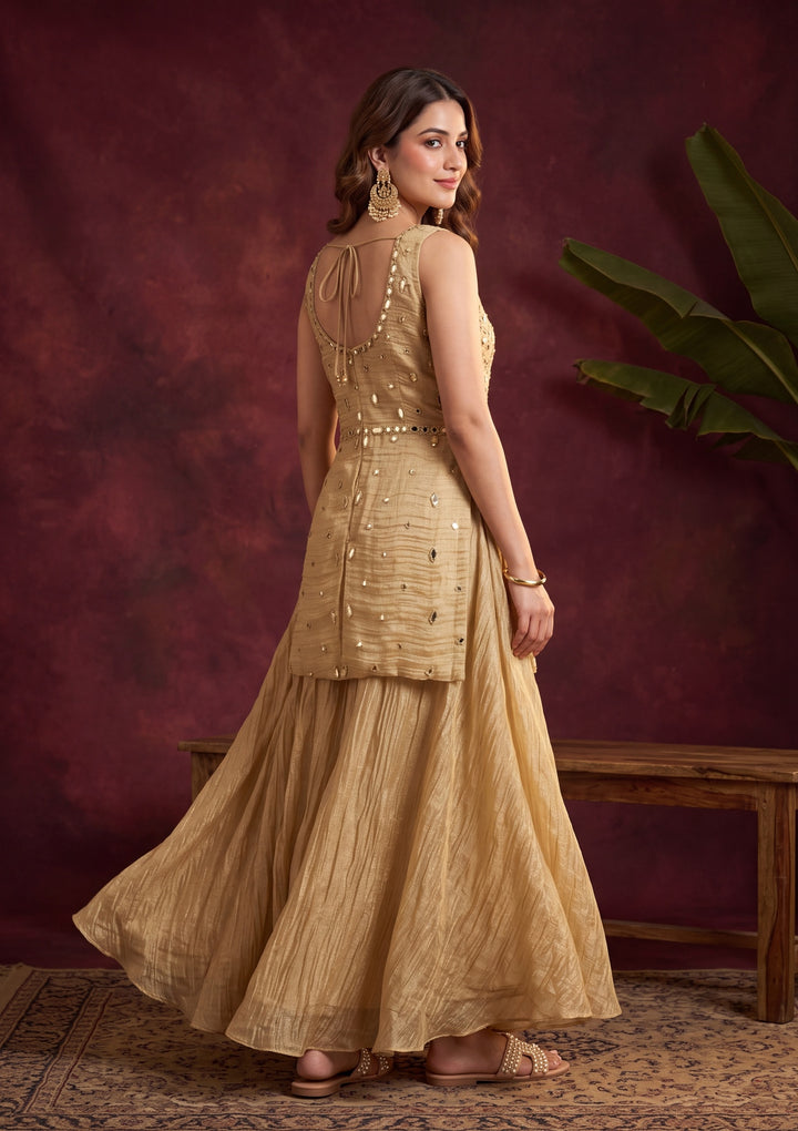 Beige Tissue Mirrorwork Peplum Kurta With Palazzo And Dupatta