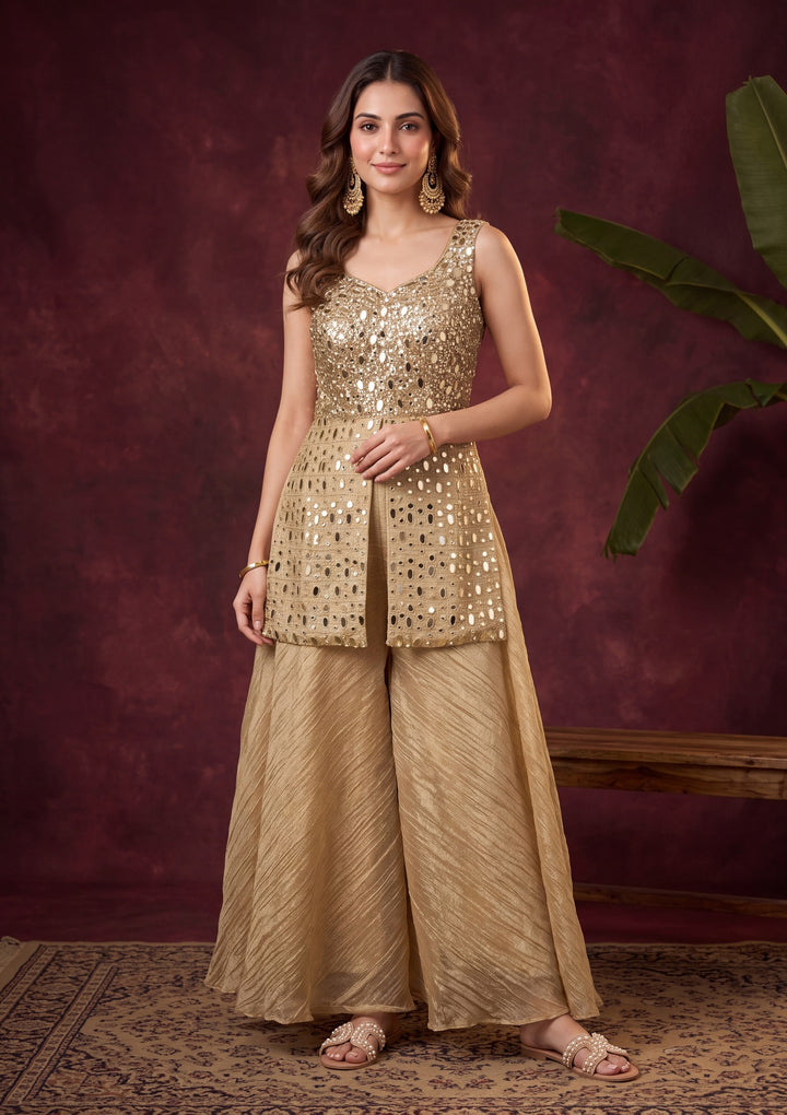 Beige Tissue Mirrorwork Peplum Kurta With Palazzo And Dupatta