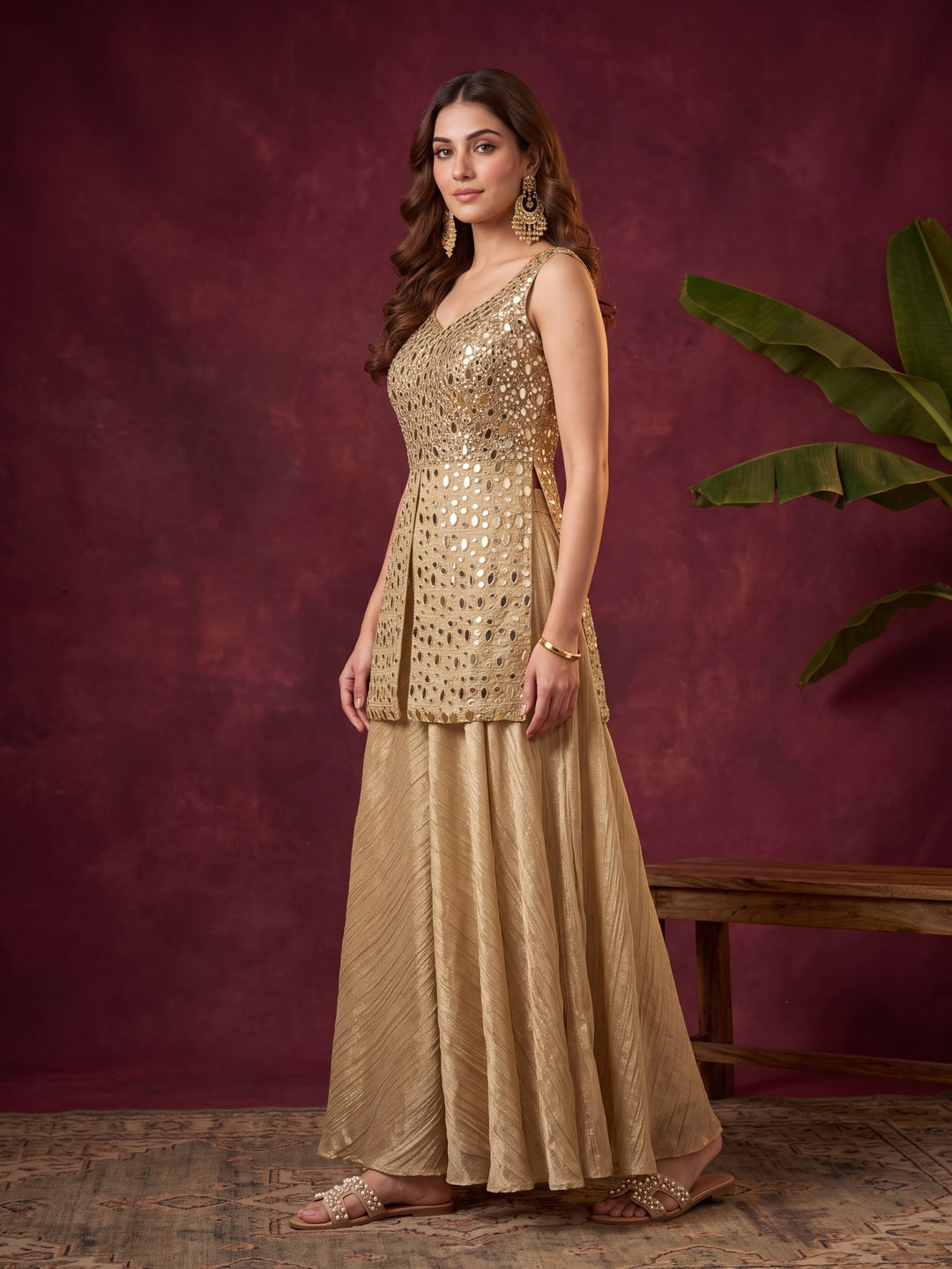 Beige Tissue Mirrorwork Peplum Kurta With Palazzo And Dupatta