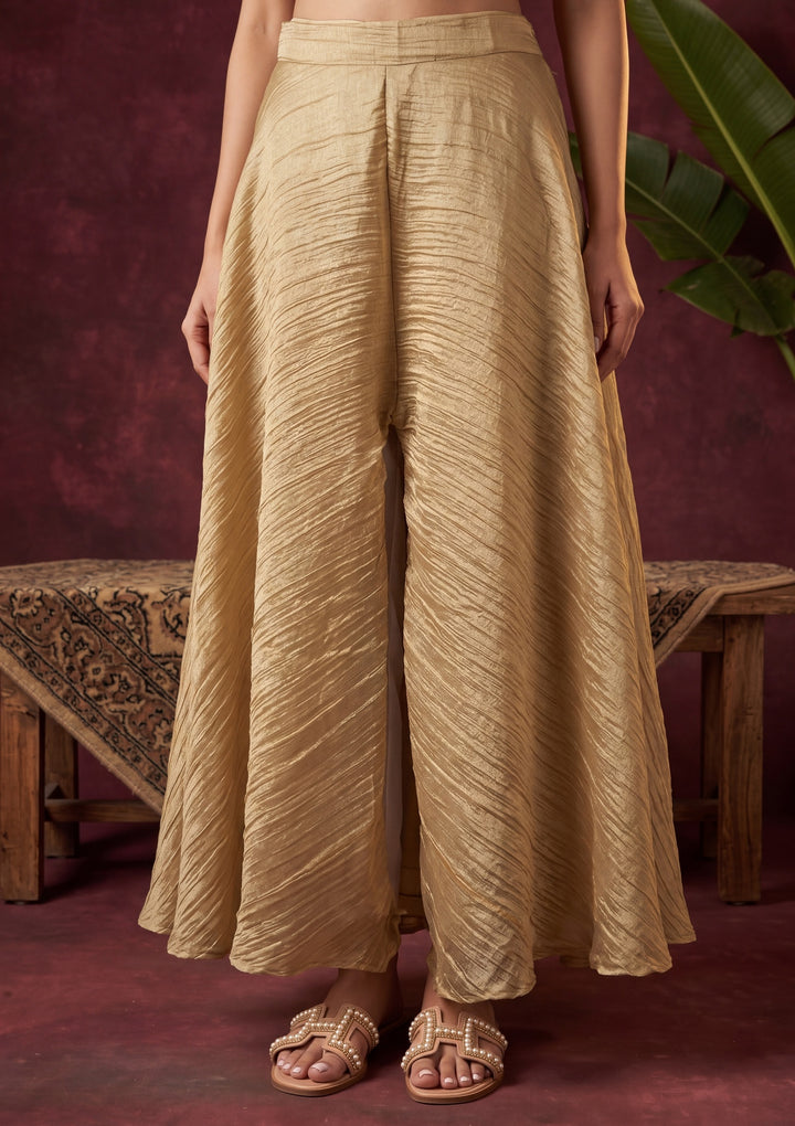 Beige Tissue Mirrorwork Peplum Kurta With Palazzo And Dupatta