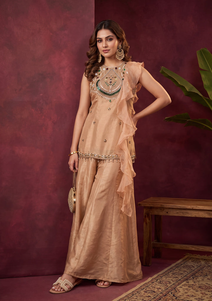 Beige Tissue Pearlwork Straight Kurta With Palazzo And Dupatta