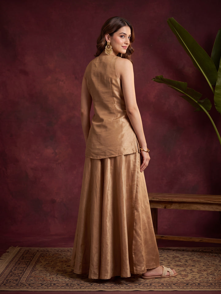Beige Tissue Pearlwork Straight Kurta With Palazzo And Dupatta