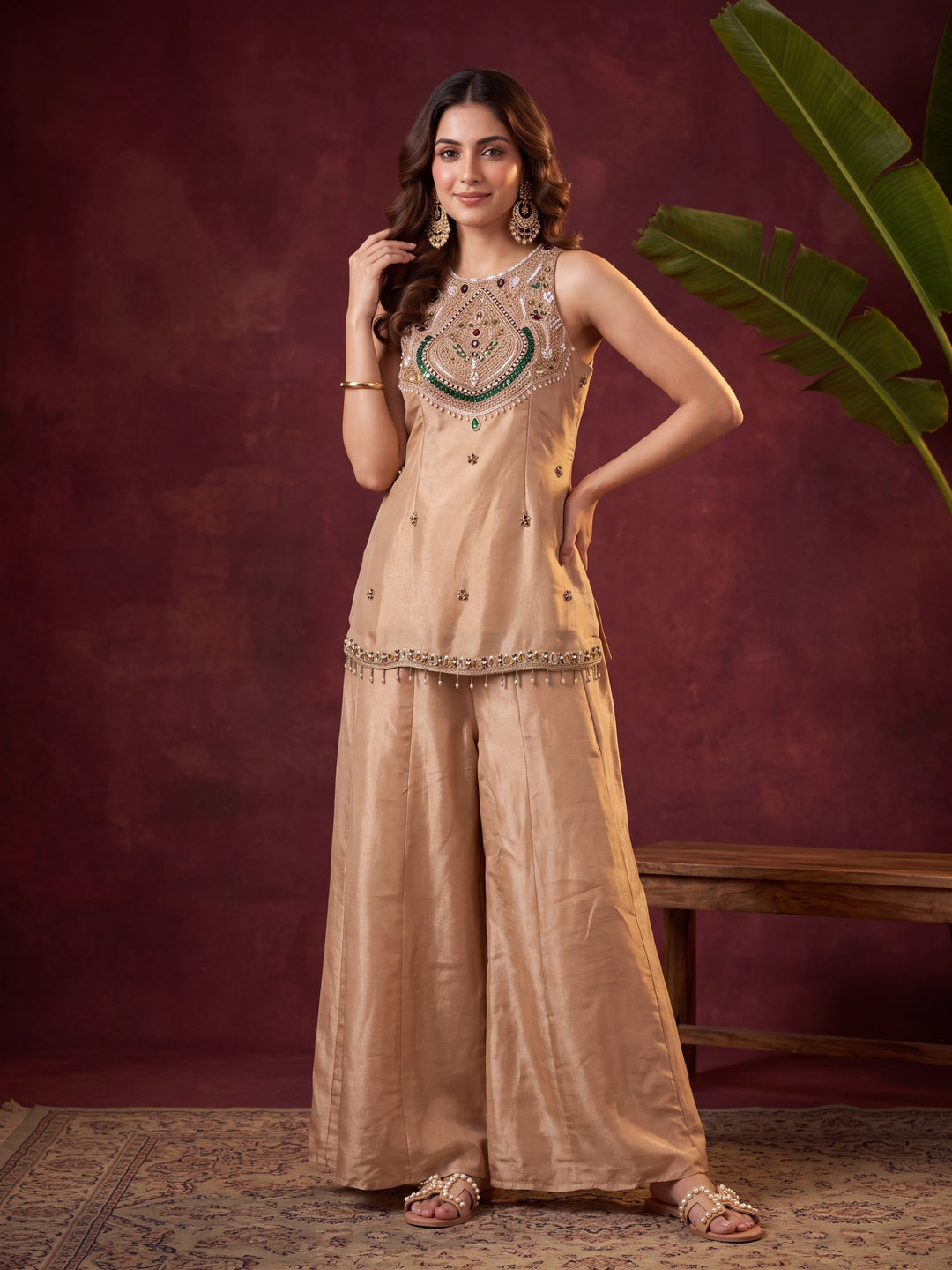 Beige Tissue Pearlwork Straight Kurta With Palazzo And Dupatta