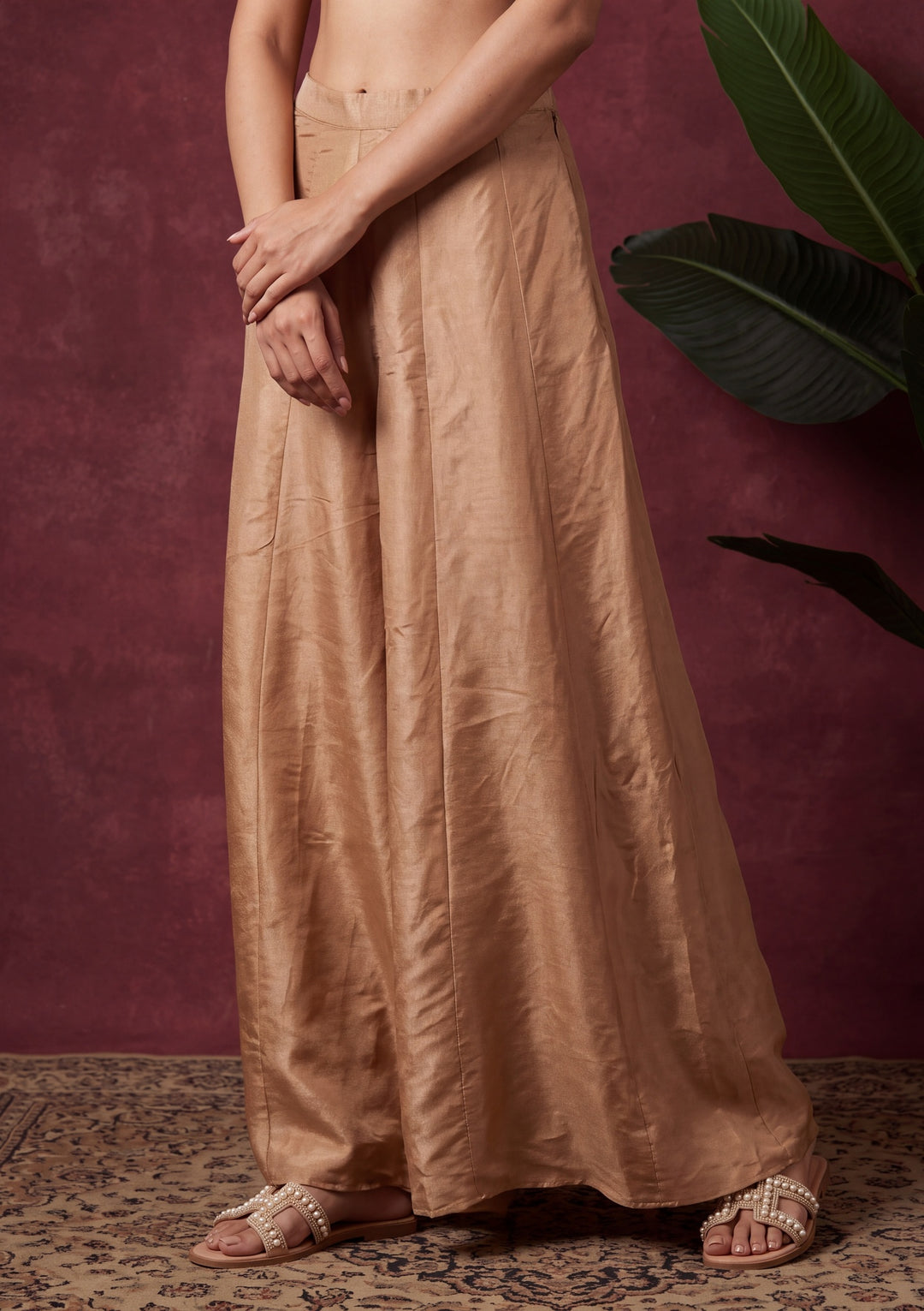 Beige Tissue Pearlwork Straight Kurta With Palazzo And Dupatta